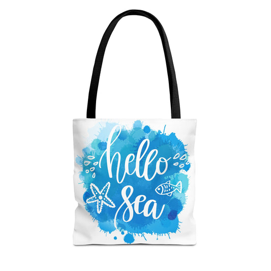 Hello Sea Tote Bag with black straps, showcasing a coastal-themed design perfect for travel lovers and ocean-inspired fashion.