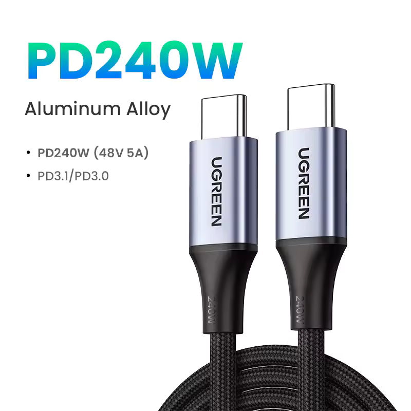 UGREEN PD3.1 240W USB Type C Charging Cable with aluminum alloy connectors and nylon braided design for high-speed, safe charging and durability.