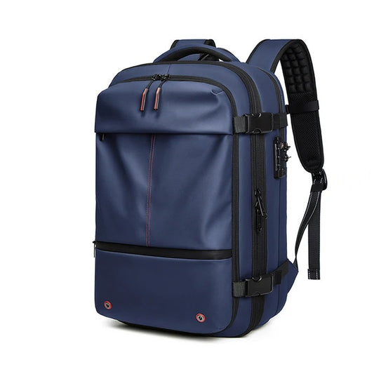 Travel Backpack with Vacuum Compression in navy blue, featuring waterproof material, multiple compartments, and adjustable padded straps. Ideal for maximizing packing space.
