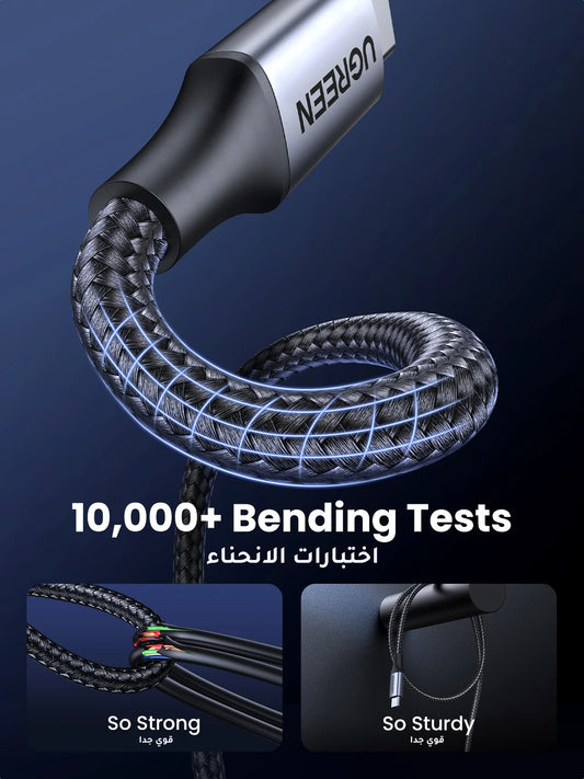 UGREEN PD3.1 240W USB Type C Charging Cable with nylon braided design shown passing 10,000+ bending tests for durability and strength.