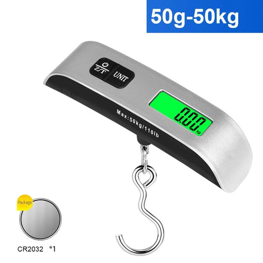 Electronic Digital Scale for Luggage with backlit LCD display, weighs up to 50kg, includes hook and CR2032 battery, ideal for travel use.