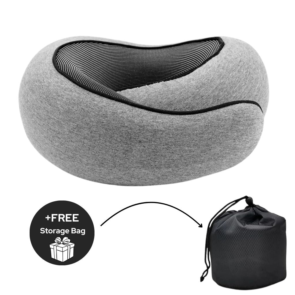 Beyond Travel Pillow in gray with ergonomic, adjustable memory foam design for neck support, shown with free portable storage bag.