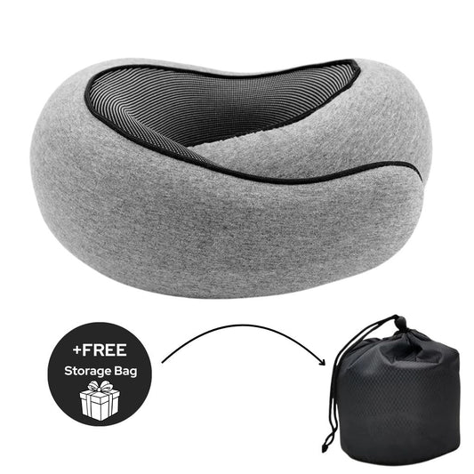 Beyond Travel Pillow in gray with ergonomic, adjustable memory foam design for neck support, shown with free portable storage bag.
