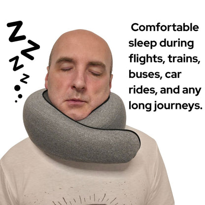 Beyond Travel Pillow | Ergonomic, Adjustable, Portable neck support pillow shown wrapped around a man's neck, ideal for sleep during travel.