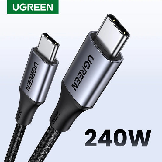 UGREEN PD3.1 240W USB Type C Charging Cable with nylon braided design and reinforced connectors for high-speed, safe charging of laptops and devices.